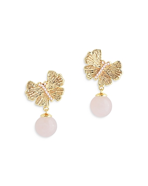 Anabel Aram Butterfly Rose Quartz Drop Earrings In 18k Gold Plated In Pink/gold