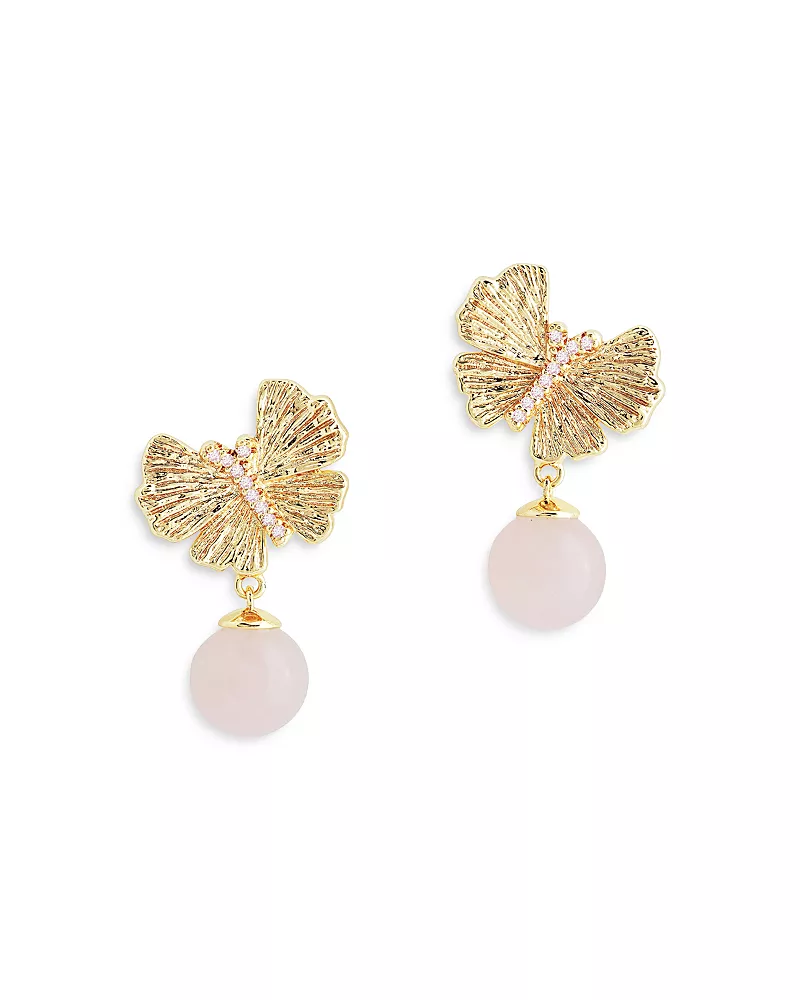 Anabel Aram Butterfly Rose Quartz Drop Earrings in 18K Gold Plated