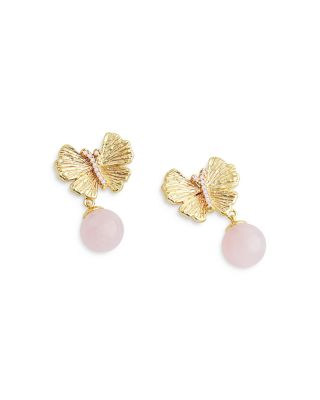 Butterfly Rose Quartz Drop Earrings in 18K Gold Plated 