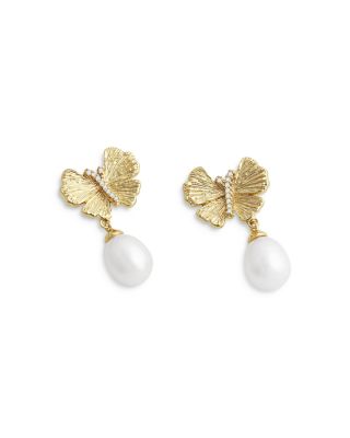 Butterfly Cultured Freshwater Pearl Drop Earrings in 18K Gold Plated