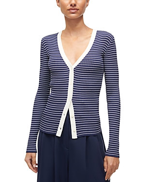 Shop Staud Cargo Ribbed V Neck Cardigan In Navy Micro