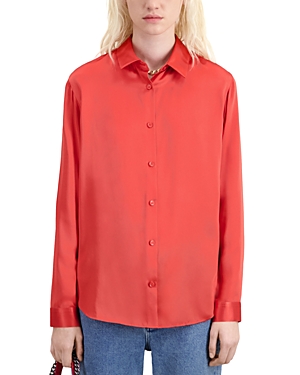 Shop The Kooples Silk Tuxedo Collar Long Sleeve Top In Red
