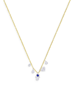14K White & Yellow Gold Blue Sapphire & Diamond & Hamsa Hand Dangle Pendant Necklace, 18
