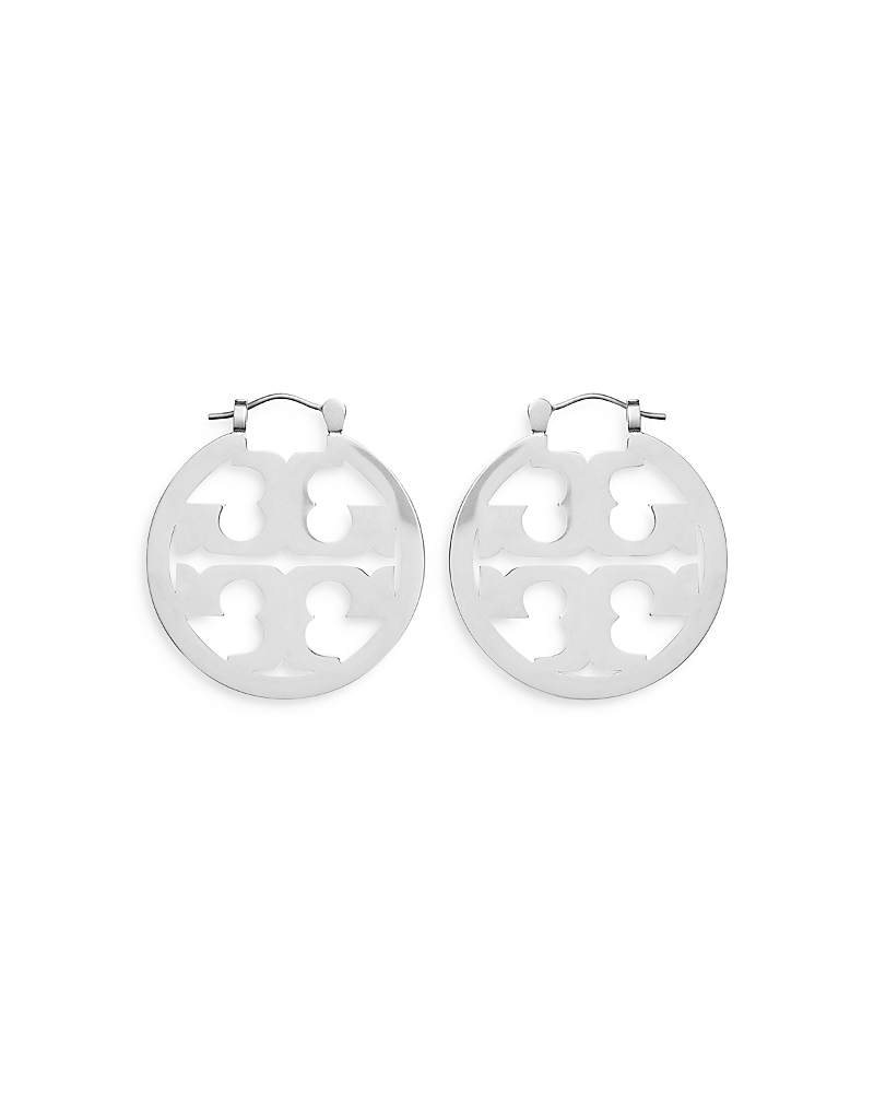Tory Burch Small Miller Logo Hoop Earrings In Silver