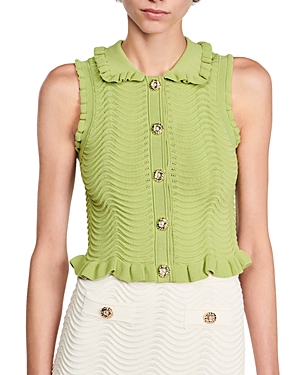 Sandro Lina Ruffle Sleeveless Crop Sweater In Olive Green