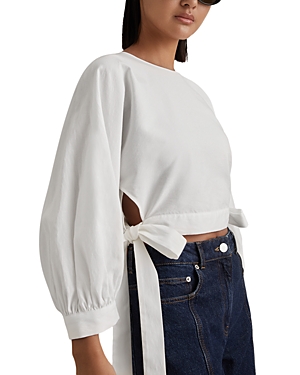 Shop Reiss Immy Balloon Sleeve Tied Crop Top In Ivory
