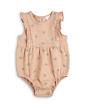 Shop Firsts By Petit Lem Girls' Cotton Blend Ribbed Sirocco Butterfly Print Bubble Romper - Baby In Camel