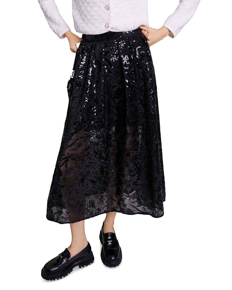 Maje Jupon Mesh Floral Embroidered Maxi Skirt