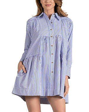 Shop Elan Striped Long Sleeved Button Down Shirt Dress In Blue Stripe