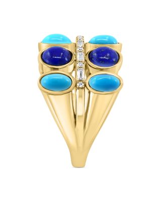 Lapis, Turquoise & Diamond Double Row Ring in 14K Yellow Gold