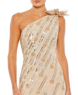 Embellished Floral Detail One Shoulder Gown