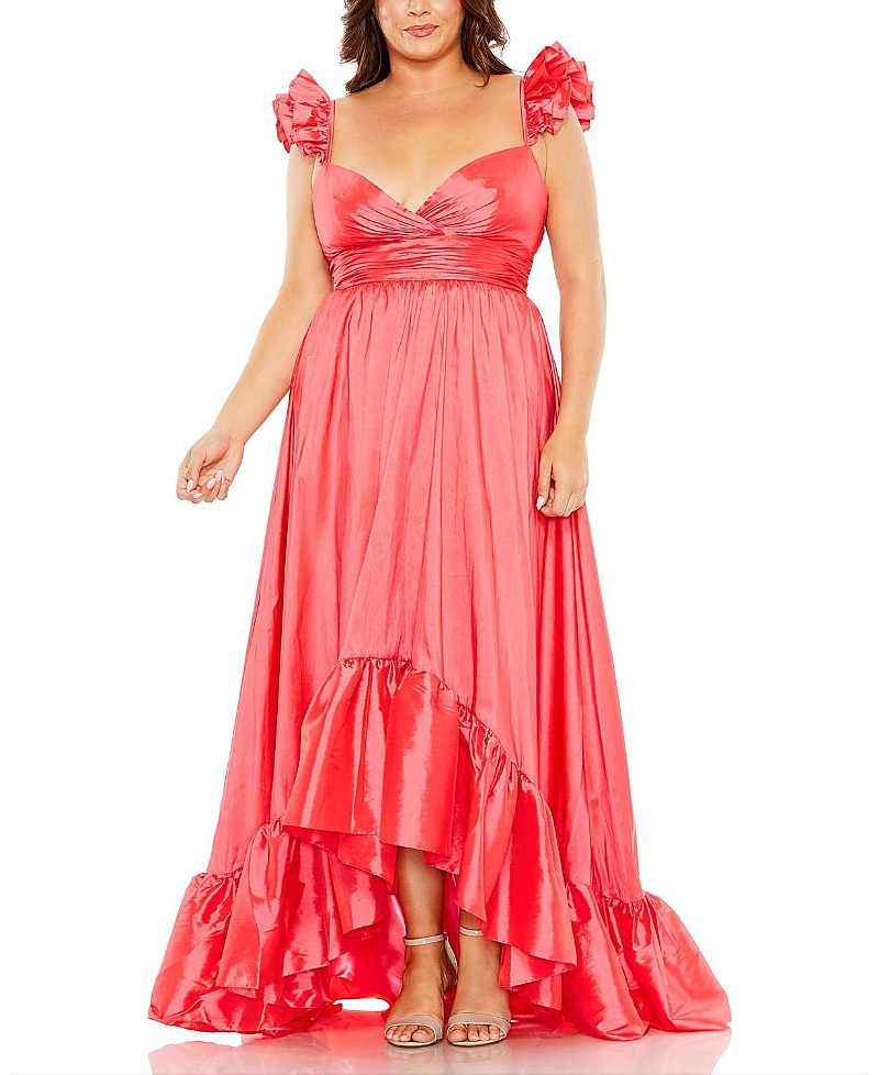 Mac Duggal Sweetheart Ruffle Strap High Low Taffeta Gown In Watermelon