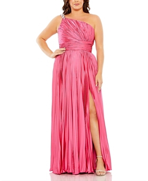 Mac Duggal One Shoulder Embellished Pleated One Sleeve Gown In Hot Pink