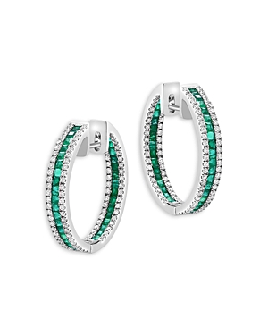 Emerald & Diamond Hoop Earrings in 14K White Gold