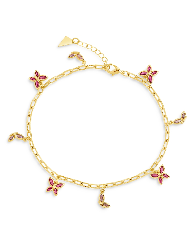 Sterling Forever Silver-tone Or Gold-tone Pink Cubic Zirconia Butterfly Charm Caria Anklet In Pink/gold