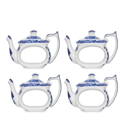 Blue Italian Teapot Napkin Rings - Set of 4