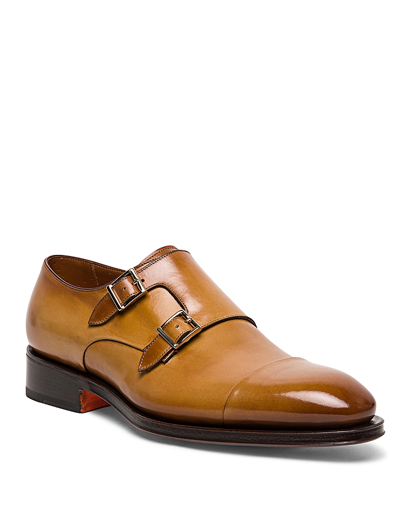 Santoni Dithered Double Monk Strap Shoe In Light Brown