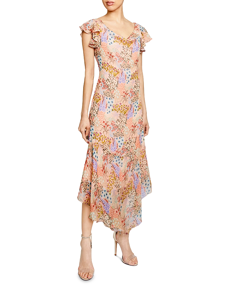 Santorelli Laurel Floral-print Flutter-sleeve Midi Dress In Cornflower