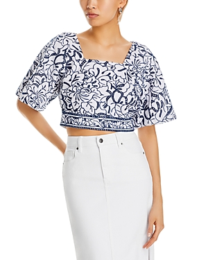 Shop Misook Embroidered Cropped Top In Mazarinewhite