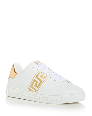 Shop Versace Men's Embroidered Greca Low Top Sneakers In White/gold