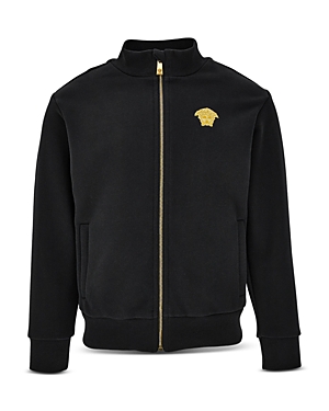 Shop Versace Boys' Medusa Embroidery Zip Up Sweatshirt - Big Kid In Black+gold