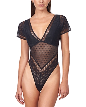Mucci Roma Lace Short Sleeve Bodysuit In Nera