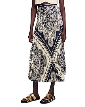 Shop Sandro Paisley Printed Midi Skirt In Beige Navy
