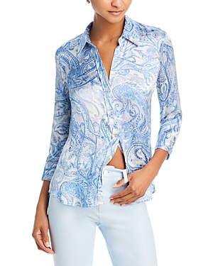 Shop L Agence L'agence Dani Paisley Print Button Front Silk Shirt In Ivory Blue