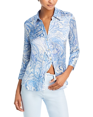L Agence L'agence Dani Paisley Print Button Front Silk Shirt In Ivory Blue