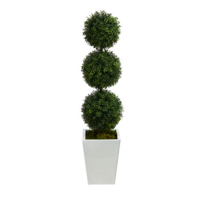 Nearly Natural 46in. Boxwood Triple Ball Topiary Artificial Tree in White Metal Planter (Indoor/Outdoor)