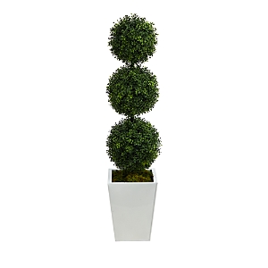 NEARLY NATURAL 46IN. BOXWOOD TRIPLE BALL TOPIARY ARTIFICIAL TREE IN WHITE METAL PLANTER (INDOOR/OUTDOOR)