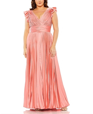 Shop Mac Duggal Flutter Sleeve Pleated V-neck Gown In Coral