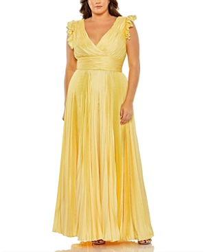 Shop Mac Duggal Flutter Sleeve Pleated V-neck Gown In Butter