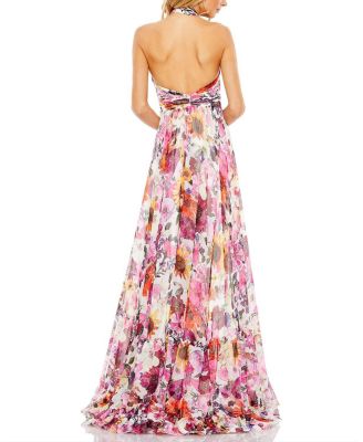 Asymmetrical Ruffled Halter Floral Gown