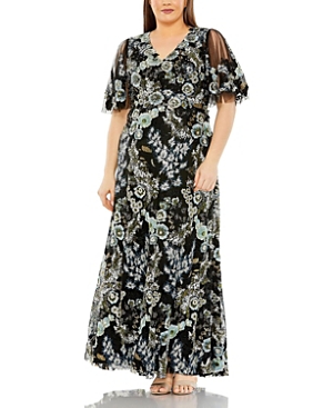 Shop Mac Duggal Sheer Sleeve V Neck Floral Embroidered Gown In Black Multi