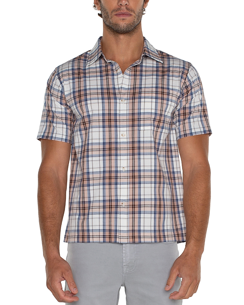 Liverpool Los Angeles Printed Short Sleeve Button Front Shirt In White Peach