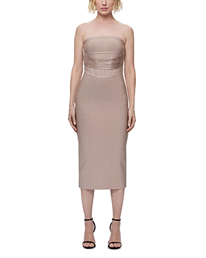 Herve Leger The Isabella Strapless Draped Midi Dress In Dune