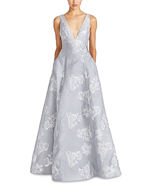 Shop ml Monique Lhuillier Madeline Jacquard Long Dress In Silver