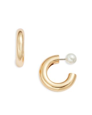 Aqua Imitation Pearl Back Hoop Earrings, 0.8 diameter - Exclusive