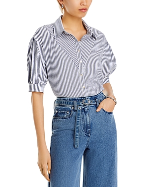 Status By Chenault Striped Elbow Sleeve Shirt In Navy/white