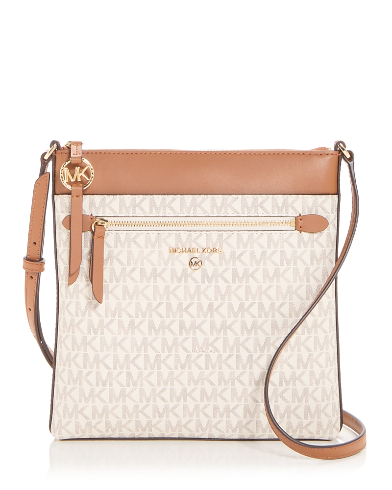 Michael Kors Small Jet Set Charm North South Flat Leather Crossbody In Vanilla/acorn