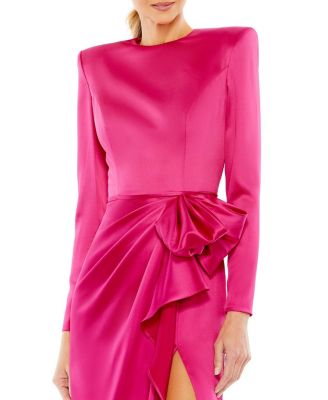  Long Sleeve Structured Bow Draped Gown