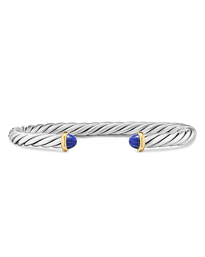 David Yurman Men's Cable Cuff Bracelet in Sterling Silver with 14K Yellow Gold and Lapis, 6mm