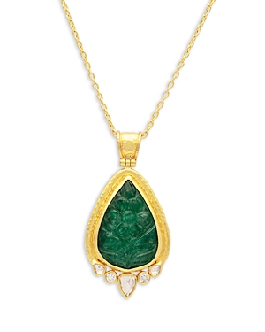 Emerald & Diamond Teardrop Necklace in 24K Yellow Gold, 16-18