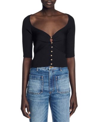 Short-sleeve ribbed knit cardigan