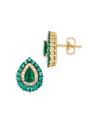 Emerald & Diamond Teardrop Earrings in 14K Yellow Gold 