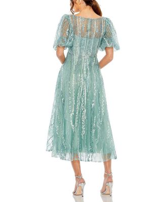 High Neck Puff Sleeve Embellished A Line Dress