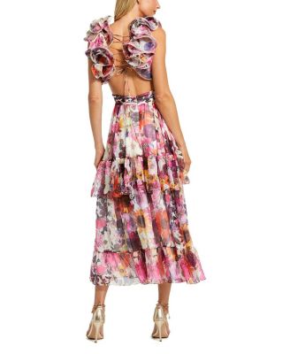 Ruffle Tiered Cut-Out Floral Chiffon Dress