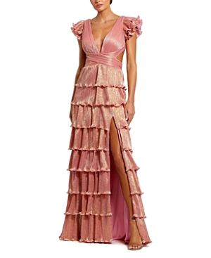 Shop Mac Duggal Ruffle Tiered Criss Cross Lace Up Gown In Coral