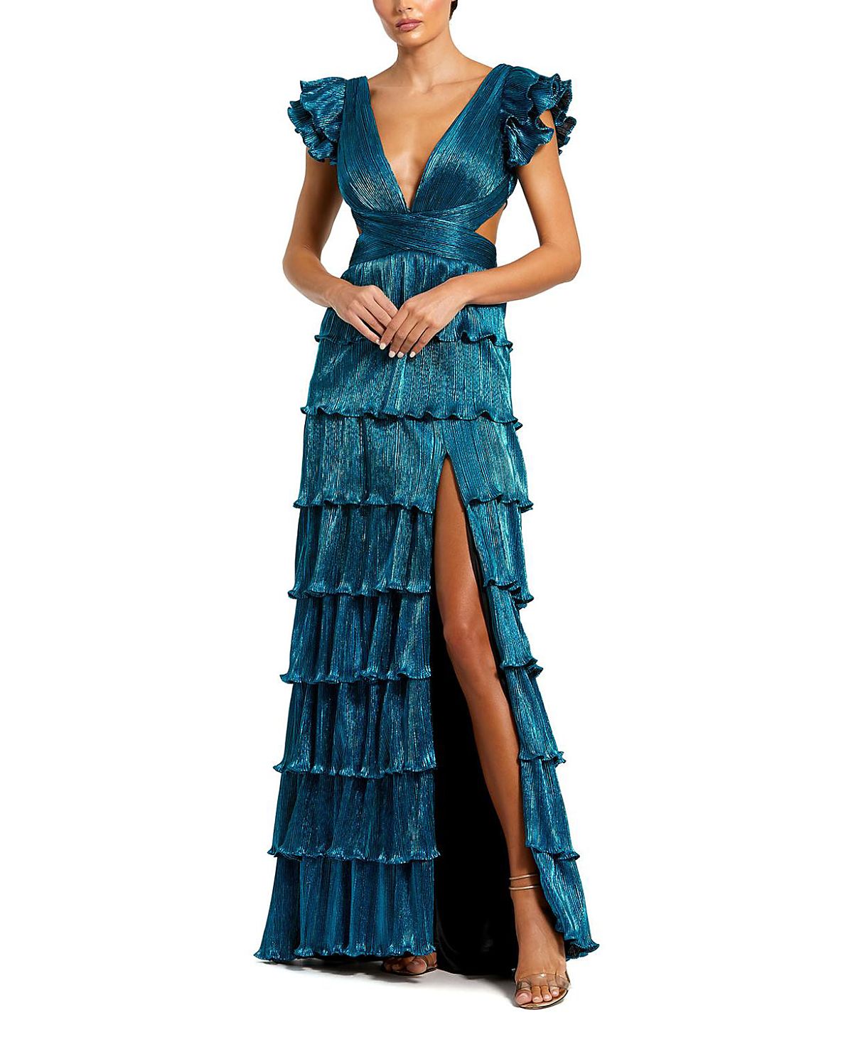Mac Duggal Ruffle Tiered Criss Cross Lace Up Gown